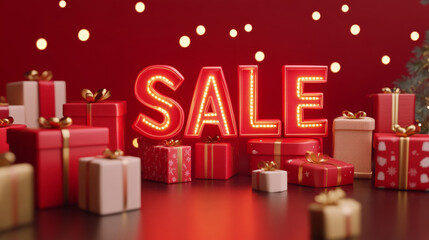 3D sale LED light sign with gift boxes present red golden neon lights festive background with copy space. for sale and promotion adivertising