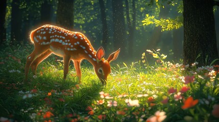 Beautiful deer grazing in the lush green meadows