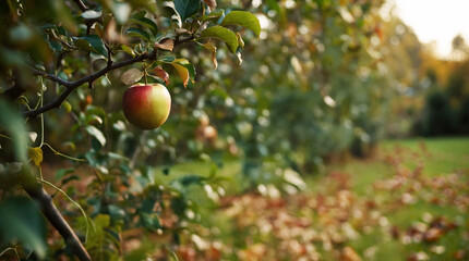 Fototapeta premium Ripe Apple on Tree in a Serene Orchard Setting