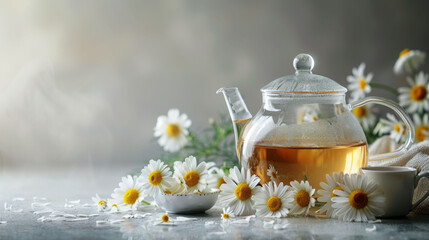 beautiful glass kettle filled with chamomile tea sits among fresh daisies, creating serene and calming atmosphere. delicate flowers enhance tranquil setting, inviting relaxation