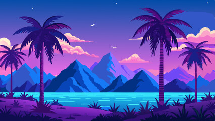 Vector illustration of a tropical landscape with palm trees and mountains 