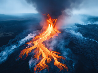 a dramatic scene of a volcanic eruption, with lava flowing into the ocean and creating a stunning aurora effect.