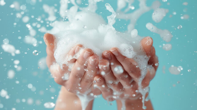 Washing hands with soap bubbles creates refreshing and clean feeling. image captures joy of cleanliness and importance of hygiene in daily life - Powered by Adobe