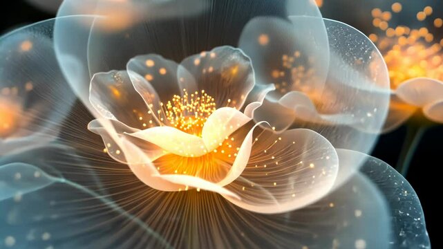A close-up shot of a glowing translucent flower with a golden center and delicate lines.