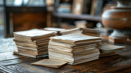 Fototapeta premium Old educational flashcards stacked on rustic wooden table create nostalgic atmosphere, evoking memories of learning and discovery