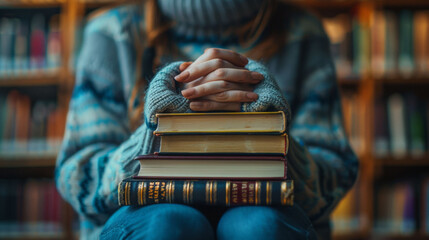 person with clasped hands rests over stack of books, creating serene atmosphere in library setting. cozy sweater adds warmth to scene, inviting sense of calm and focus