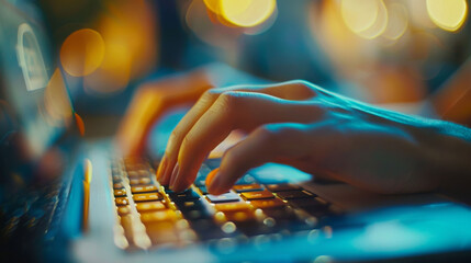 Typing fingers on laptop keyboard, illuminated by soft bokeh lights, create focused atmosphere for work or study. scene captures essence of productivity and concentration