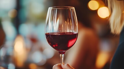 A close-up of a hand holding a glass of red wine, with a softly blurred background.