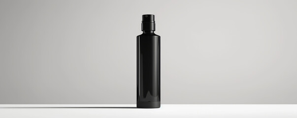 Fototapeta premium Sleek black sunscreen bottle on minimalist background, perfect for modern skincare. This stylish design enhances any beauty routine