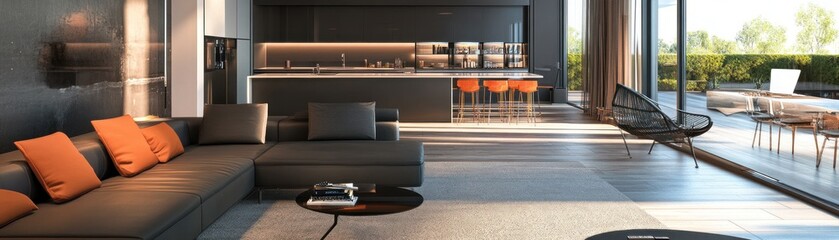 Modern living room with sleek furniture and open kitchen, emphasizing contemporary design.