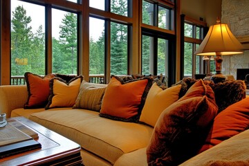 Cozy living room with a sofa and large windows overlooking a forest.