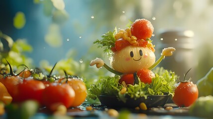 Cheerful vegetable character made from an onion and fresh garden produce.