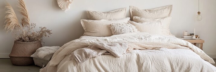 A serene bedroom setup featuring neutral tones and cozy textiles for relaxation.
