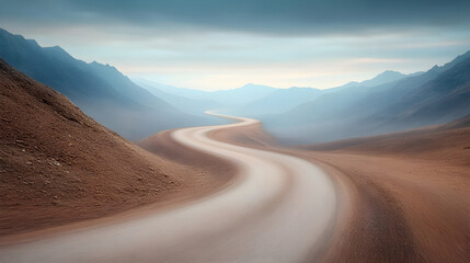 Naklejka premium A scenic mountain road winding through lush green valleys and under a blue sky, perfect for summer drives in the countryside