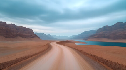A scenic mountain road winding through lush green valleys and under a blue sky, perfect for summer drives in the countryside