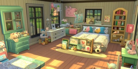 Cozy bedroom filled with colorful decor, plush toys, and a warm atmosphere.