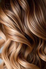 Naklejka premium Close-up of wavy, highlighted hair with shades of blonde and brown.