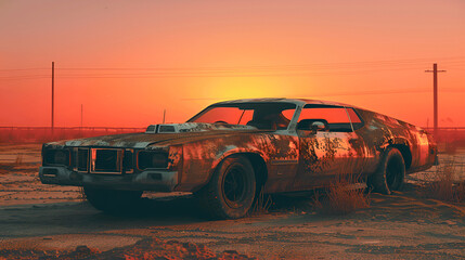 A vintage an old, rusty car abandoned in a vast desert, showcasing its rusty charm and classic car adventure spirit.