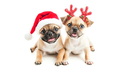 Obraz premium two cute pugs puppies dressed as reindeer with antlers and Santa's hat. Christmas festive dogs isolated on white background
