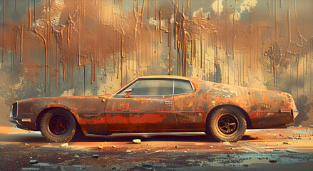 A vintage an old, rusty car abandoned in a vast desert, showcasing its rusty charm and classic car adventure spirit.