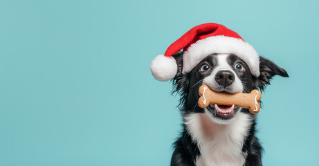 Border collie dog in Santa Claus hat with gingerbread bone.. Christmas holiday celebration dog on a blue background