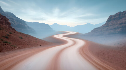 Fototapeta premium A scenic mountain road winding through lush green valleys and under a blue sky, perfect for summer drives in the countryside