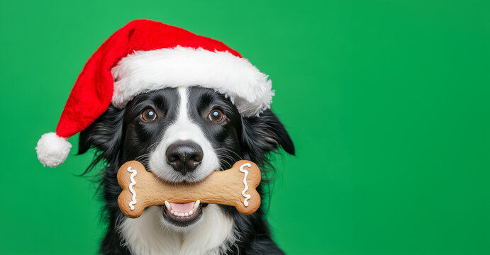 Border collie dog in red Santa Claus hat eating a gingerbread bone, isolated on a green background. Christmas holiday celebration funny dog
