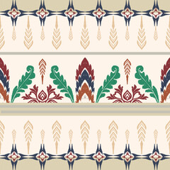 abstract pattern, seamless border background, Creamy yellow pastel color Vector illustration, Hand drawn vintage ikat embroidery, Indian ethnic tribal textile decoration.