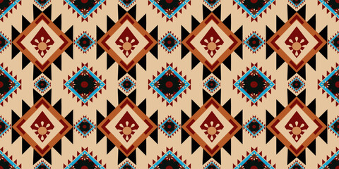 Navajo Ethnic Geometric Ornamental Pattern Vector in Cream and Brown tones for Wallpaper, Rugs and Fabrics. Native American Tribal Culture and Crafts with Textiles and Home Decor.