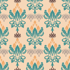 vector seamless ikat pattern, pastel green yellow luxury ethnic oriental, indian traditional aztec style abstract, design for surface, fabric, clothing, textile , Silk, Scarf, Carpet and decor.