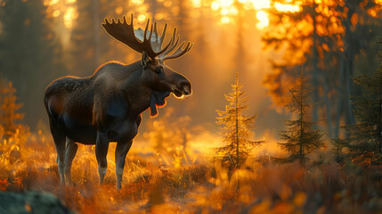Moose in a Golden Forest - Realistic Photo