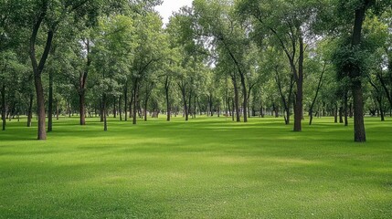 Fototapeta premium A serene landscape featuring lush green grass and tall trees in a peaceful park setting.