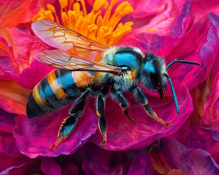 A vibrant bee perched on a colorful flower, showcasing nature's beauty and the importance of pollinators in the ecosystem.