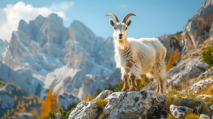 Obraz premium White Mountain Goat Standing on a Rocky Peak Realistic Photo