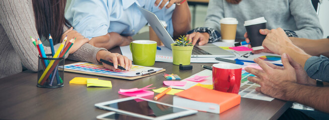 Banner Top view business people meeting together at office desk conference room. Team business meeting partnership planning brainstorming together. Team Collaborate group of partner with copy space