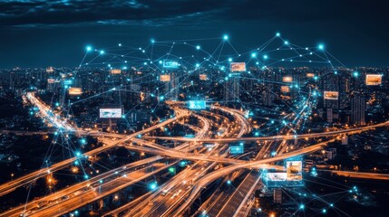 Fototapeta premium Futuristic Cityscape with Glowing Highways and Illuminated Connections