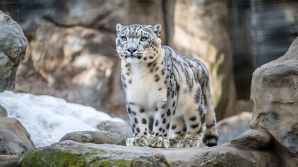Fototapeta premium snow leopard standing on a rocky mountain, intense gaze