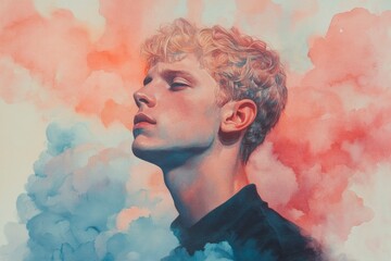 A young man with blonde hair and a contemplative expression, painted with a watercolor style against a background of pink and blue clouds.