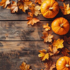 Autumn Background with Pumpkins and Fall Leaves on a Wooden Surface
