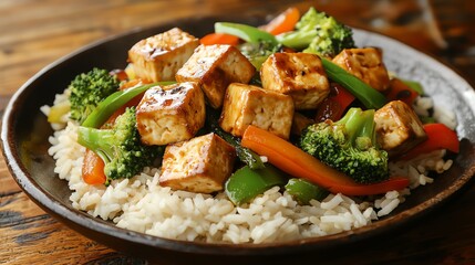 Delicious stir-fried tofu with colorful vegetables served on a bed of fluffy rice, perfect for healthy meal options.