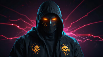 Illustration gaming mascot mysterious hacker man logo design E-Sport background wallpaper,generative.ai