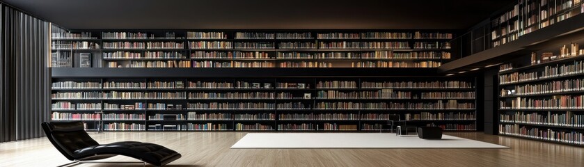 A modern library interior featuring extensive bookshelves and a minimalist reading area.