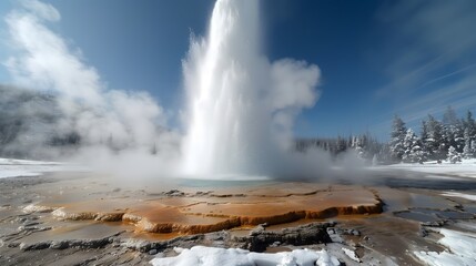 geyser erupts with a powerful fountain of water and steam, shooting them high into the air, surrounded by rocky terrain and fog