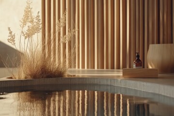 A serene spa setting with natural elements and a tranquil water feature.