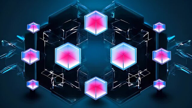Futuristic neon design with geometric hexagonal shapes in vibrant pink and blue glowing hues