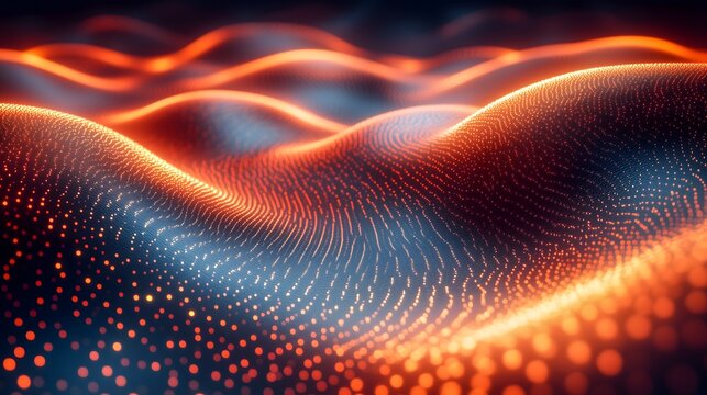 digital representation of a wave composed of numerous particles or dots. The colors transition from warm tones to cooler tones, creating an undulating pattern, dynamic fields or data points in motion