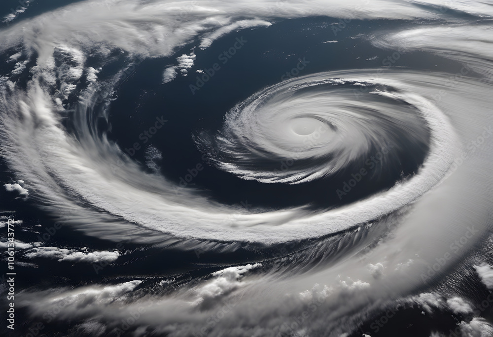 Wall mural Aerial view of a powerful cyclone over the ocean, showcasing a well-defined eye and swirling cloud patterns.