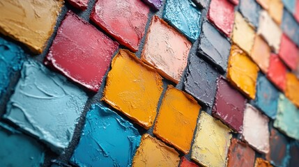 A vibrant arrangement of squares of oil paint, showcasing a spectrum of rich and textured colors.