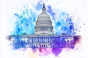 United States Capitol Building illustration, watercolor stain background