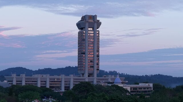 malaysian mosque Masjid Sultan Salahuddin Abdul Aziz Shah during beautiful sunrise aerial shot